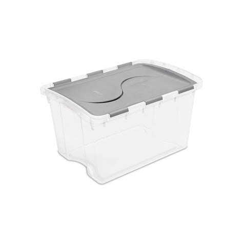 sealed metal box with clear plastic lid|sterilite hinged storage container.